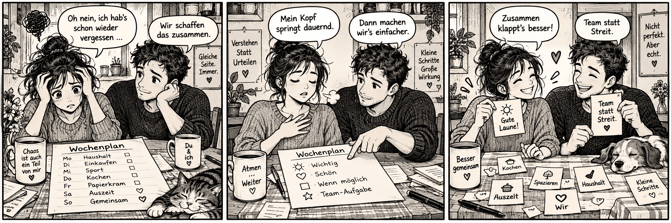 Paar bespricht gemeinsam einen Wochenplan am Küchentisch