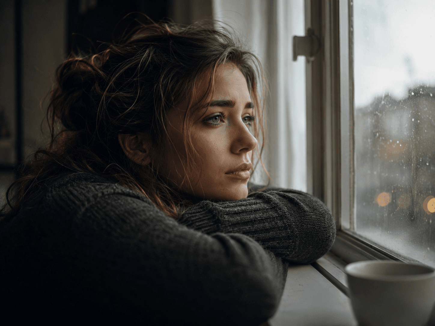 Person mit wechselndem Gesichtsausdruck blickt aus dem Fenster