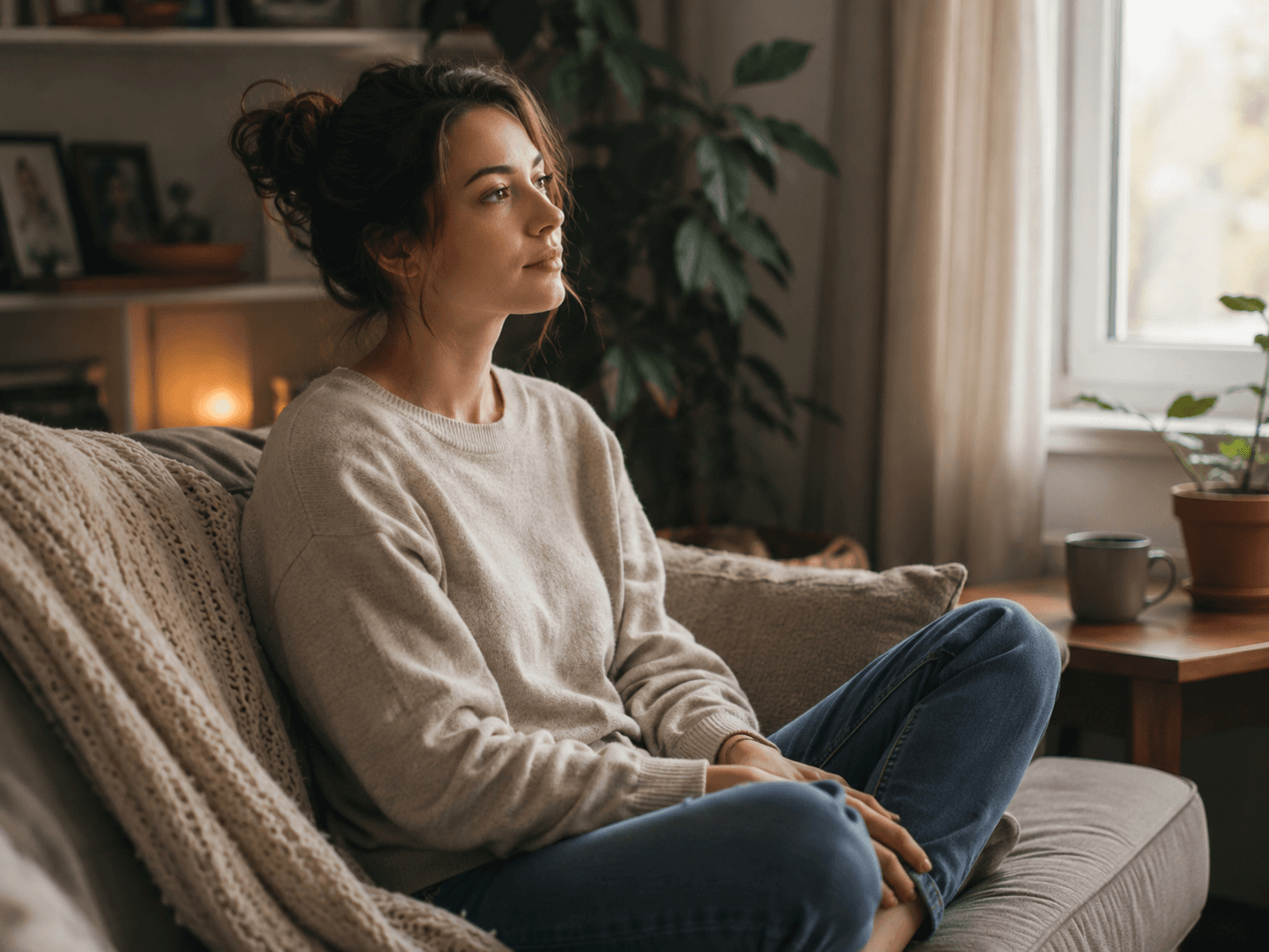 Person sitzt ruhig und nachdenklich auf einem Sofa
