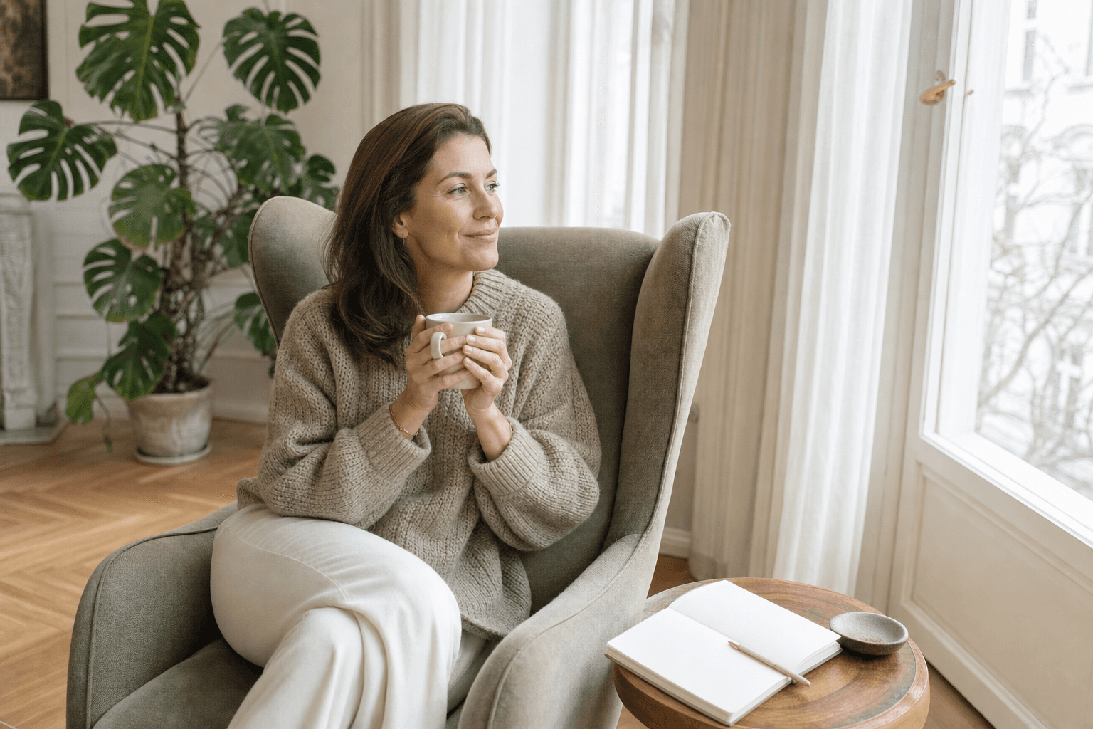Person macht bewusst Pause mit einer Tasse Tee am Fenster